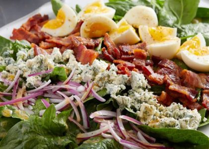 Spinach Salad with Bacon, Blue Cheese, and Bourbon Vinaigrette