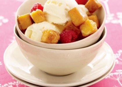 Bourbon-Nectarine Ice Cream Sundaes with Pound-Cake Croutons